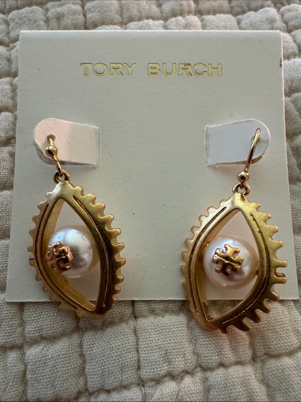 Tory Burch Gold and Pearl Drop Earrings with Logo Accent